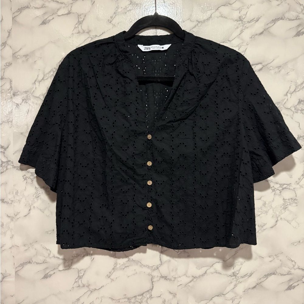 Zara Black Eyelet Button-Up Blouse M